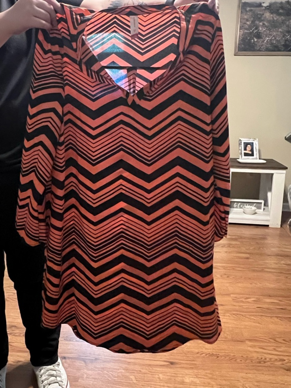 Chevron Print V-Neck Blouse - Black & Orange